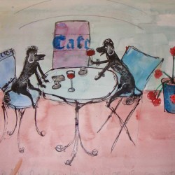 Poodles at the cafe. Ink and wash. Private collection.