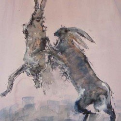 Boxing hares 1. Ink and wash on paper. Private collection.