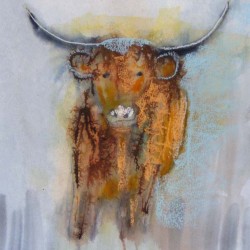 Highland bull. Mixed media on paper. <a href="https://fiknox.com//contact/" target="_self">For sale - £35</a>