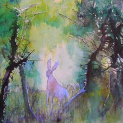 Enchanted forest with hare. Ink and watercolour on paper. Private collection.