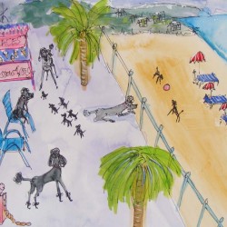 Poodles en vacance. Ink and wash on paper. Private collection.