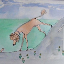 A poodle will go up hill and down dale for a chum. Ink and wash on paper. Private collection.